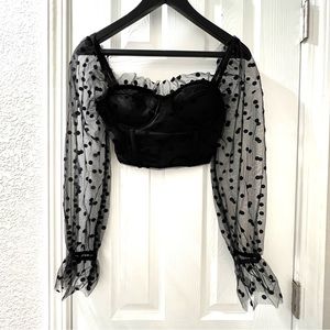 Black Polkadot Shear Corset Bra Puff Longsleeve